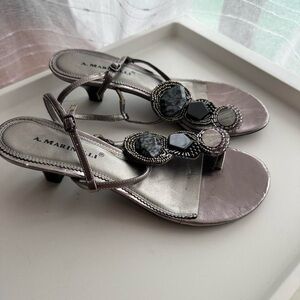 A. Marinelli Silver T-Strap Sandals with Embellished Design